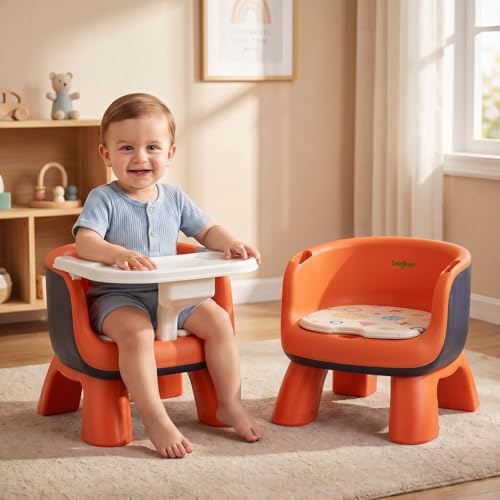 Image of Baybee Booster Chair for Baby with Detachable Food Tray, Anti-Slip Wide Legs & Soft Cushion Seat with Music | Portable Feeding Chairs for Kids Home & Travel - 0 to 3 Years (Orange)
