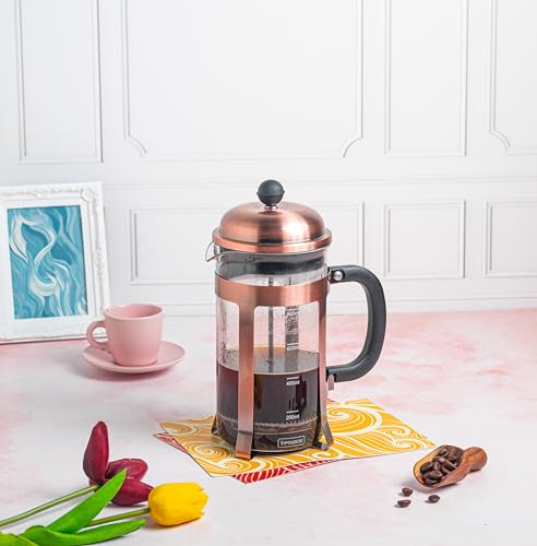Image of Sipologie Vintage Copper French Press Coffee Maker 1000ml, Copper, 4-Level Filtration, Heat Resistant Borosilicate Glass, Stainless Steel Housing, Measurement Marking, Coffee Spoon, Extra Filter Mesh