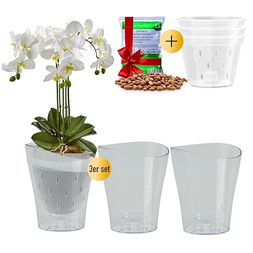 Garten lux 3er-Set Orchideentöpfe Transparent Ø16cm 2L mit 3er-Set Orchideentöpfe mit Drainagelöchen Ø14cm 1L aus Kunststoff und Tongranulat 2,5L für den Innenbereich