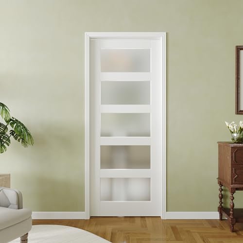 Lakenyon Pantry Doors, 30' x 80', Interior Door, 5-Lite Frosted Glass, Single French Door Slab for Closet & Bedroom - Assembly Required, MDF, White Primed