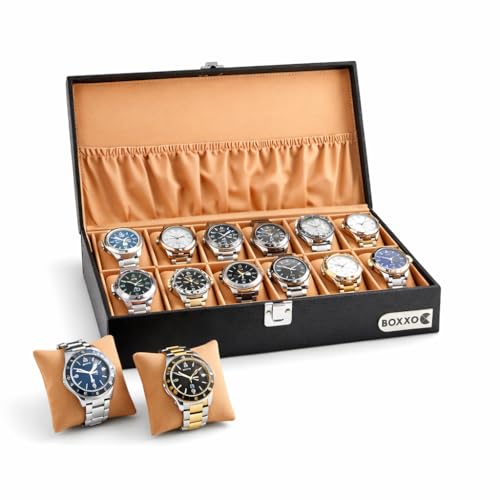 Image of BOXXO 12 Slot Watch Organizer Box for Men & Women - Premium PU Leather Watch Case, Soft Velvet Cushions & Glass Lid Display, Elegant Storage Box - 34x20x8 cm (Black /Cream, 12 Slots)