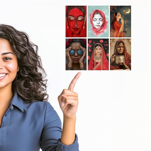 Image of SiddArtify Red and Teal Indian Women Art Print Set - Set of 2-4x6 Inch - Board (Pack of 6) - Sticker (Pack of 6) Wall Room Decoration art Poster Prints