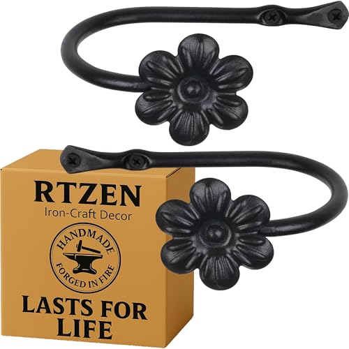 Image of RTZEN Decorative Metal Curtain Tiebacks - Farmhouse Wrought Iron Curtain Holdbacks - Drapery Holders for Wall - Unique Metal Tie Backs for Curtains - 2 Pcs (Black Flower)