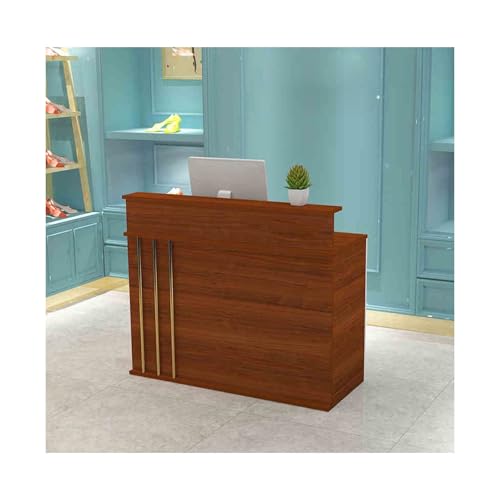 Moderno escritorio de recepción de madera con cajones con cerradura y paneles de privacidad, elegante mostrador de caja de nogal para salones de belleza y oficinas, diseño contemporáneo