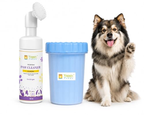 Image of Waterless Pet Paw Cleaner for Dogs & Cats, 150 ml Lavender Foam with Large Silicone Washing Cup & Foot Scrubber Brush, No Rinse Grooming Solution