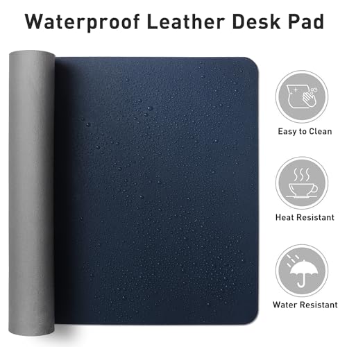 Image of Aothia Leather Desk Pad Protector, Mouse Pad, Office Desk Mat, Non-Slip PU Leather Desk Blotter, Laptop Desk Pad, Waterproof Desk Writing Pad for Office and Home (17 inchx48 inch, Dark Blue)