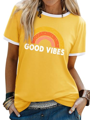 Image of Dresswel Women Good Vibes T-Shirt Rainbow Graphic Print Tee Shirts Summer Tops(3-Yellow,M)