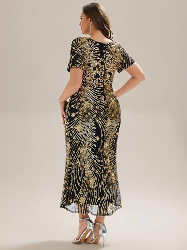Image of Ever-Pretty Plus Women's Short Sleeves Bodycon Sequin Ball Gown Maxi Plus Size Formal Evening Dresses Vestidos De Fiesta