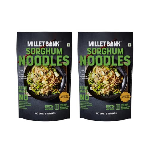Image of Millet Bank No Maida Sorgum Hakka Noodles Combo Free Masala Pack Inside, Not Fried, No MSG, No Added Preservatives,Millet Bank Noodles Noodles for all ages Pack of 2 180g Each