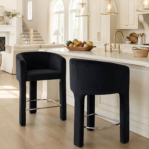 Image of HNY Modern Barrel Bar Stools Set of 2, 26 Inch Upholstered Velvet Counter Height Barstools with Back and Armrests, for Kitchen Island, Home Bar, Dining Room, No Assembly, Black