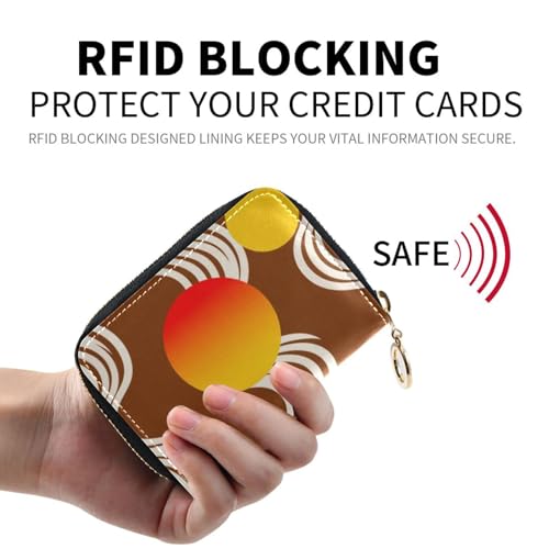 Abstract Art Wave Lines Round Brown leather cardholder wallet mens With 2 cash slot RFID Blocking small credit card holder for women with zipper2