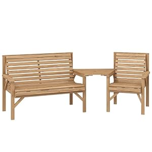 Outsunny 3 Piece Wooden Garden Furniture Set with Parasol Hole, 1 Garden Chair, 1 Bench, Detachable Table, Modular Wood Outdoor Patio Furniture Conversation Set for Conservatory, Natural Wood Finish