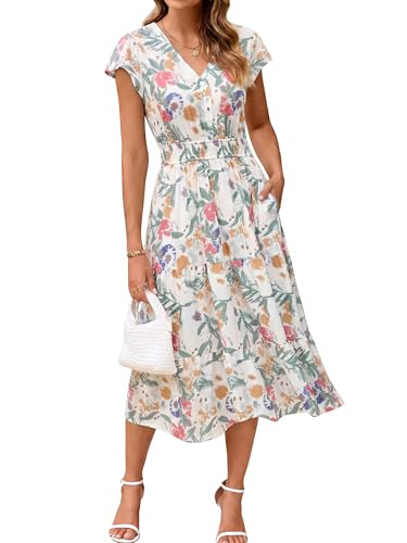 Image of BerryGo Women's Floral Boho Ruffle Summer Midi Dress Short Sleeve V Neck Empire Waist Swing Flowy Dress