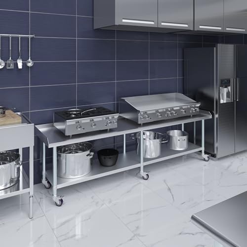 Image of AmGood Stainless Steel Equipment Stand with Undershelf + Casters, Heavy Duty, Commercial Grade, NSF Certified (24 inch Width x 96 inch Length + Casters)