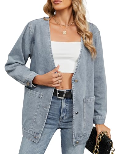 Women's Long Sleeve Denim Coat Oversized Button Down V Neck Washed Jean Jacket with Pockets