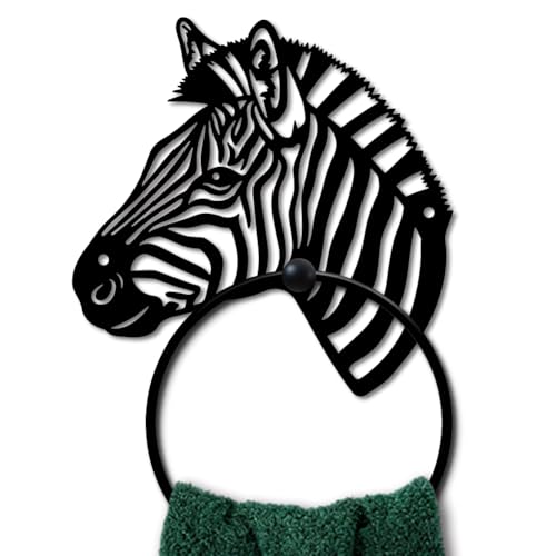MAYJOYDIY Zebra Head Metal Towel Ring Round Grassland Zebra Hand Towel Holder Animals Ring Hanger Wall Mount Black Vintage Towels Wall Organizer for Kitchen Bath Home Laundry Room Decors Gifts