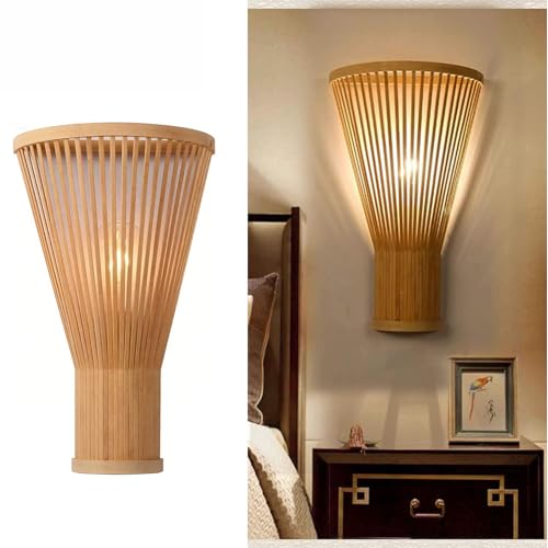 LANMOU Wandlampe Innen Bambus, Wandleuchte Rattan E27 Retro, Boho Style Lampe Handgeflochten für Stil-Puristen & Naturhandwerk-Fans, für Schlafzimmer & Wohnzimmer, Balkon (Ohne Glühbirne)