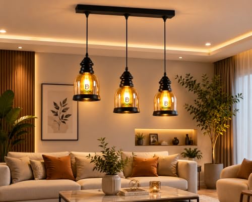 Image of DECOHOME Modern Ceiling Light Pendant Lamp | Stylish Hanging Lights for Dining, Kitchen & Living Room | Premium Build with Elegant Design & Warm Ambient Lighting (Golden-Black-Luster Set)