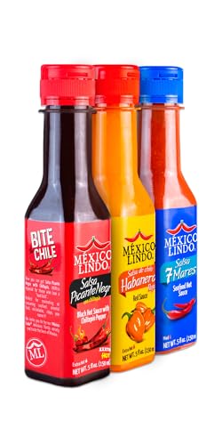 Image of Mexico Lindo Tripack Best Flavors, Habanero Red, 7 Mares, & Picante Negra Xxxtra Hot Sauces, 5 Fl Oz Bottles (Pack of 3)