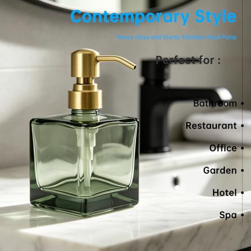 Image of Square Green Glass Soap Dispenser Bathroom with Brushed Gold Pump, Retangle Cube 8.4 oz Glass Bottles with Stainless Steel Pump Hand Liquid Soap Dispenser Kitchen