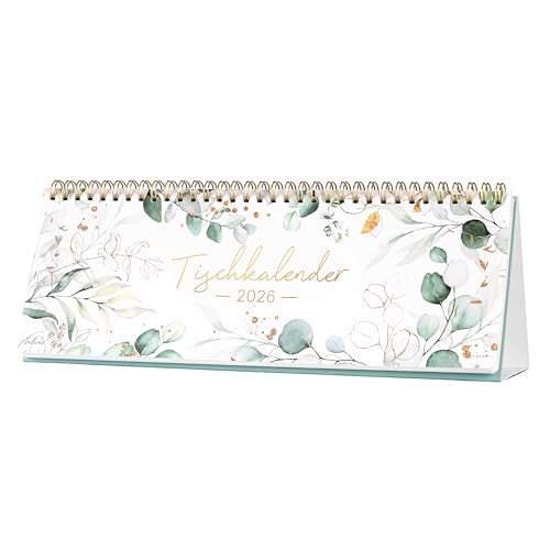Tischkalender 2026 - Wochenkalender 2026 von Januar 2026 bis Dezember 2026, 1 Woche 2 Seiten, Kann flach stehen oder liegen, 29,5 x 10,5 cm, Grün