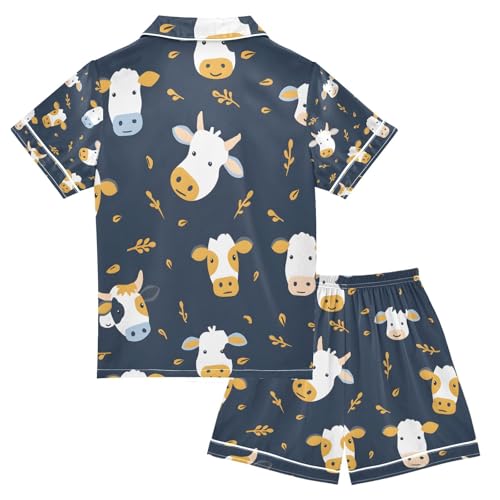 senya Cow Head Dark Satin Summer Pajama Sets Silk Short Sleeve Button Down Sleepwear2