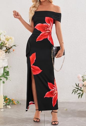 Image of MEROKEETY Women's Floral Off Shoulder Maxi Dresses 2026 Summer High Split Cocktail Wedding Guest Dress
