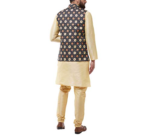 Image of SOJANYA (Since 1958 Men's Silk Blend Gold Kurta Pyjama & Printed Nehrujacket Combo