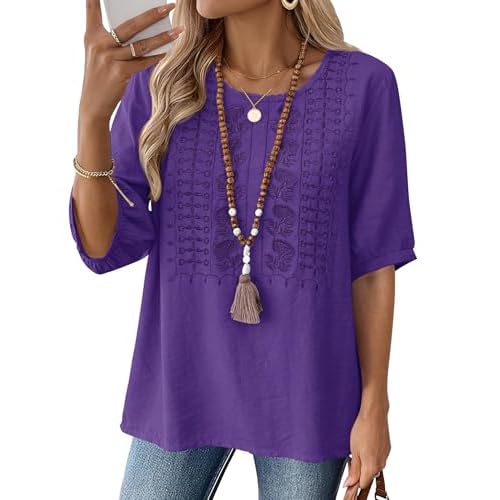 Kistore Women's Embroidered Blouses 2026 Short Sleeve Lace Trim Crew Neck Trendy Casual Tops Pullover Shirts