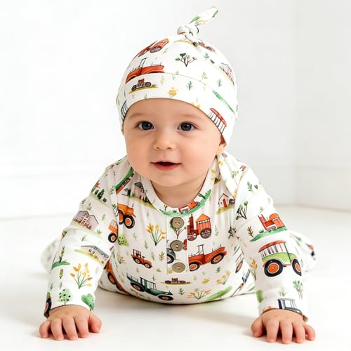 Image of AMAWMW Newborn Baby Boys Girls Cartoon Sleeper Gown Long Sleeve Mountain Nightgown Hat Outfits