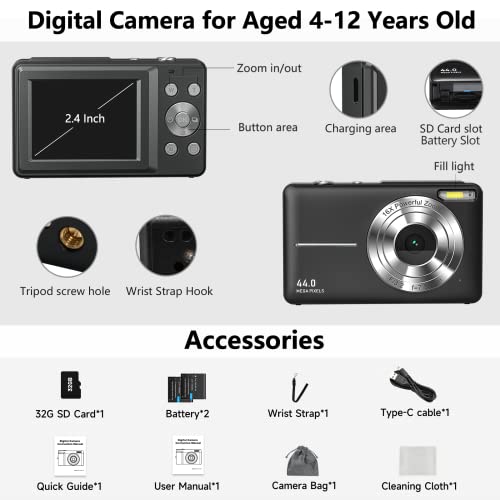 Digital Camera With Sd Memory Card Autofocus Anti-Shake, 44Mp 1080P Photography Camera For Kids Teens Birthday, 16X Zoom Small Portable Vlogging Camera For Boy Girl Video(2 Batteries) #TOP6