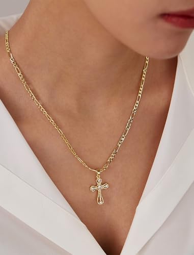 14K Gold Plated Cross Necklace for Women, Cubic Zirconia Copper Cross Pendant, Valentine Mother's Day Gifts for Her with Jewelry Box Figaro Link Chain, Alloy Infinity CZ Diamond Bridal Wedding2