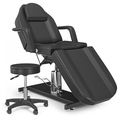Charmmade Hydraulic Tattoo Chair,Esthetician Bed,Tattoo Chair for Clients,Adjustable Lash Bed, Multi-use Comfortable 360 Swivel Massage Table Premium Facial Beds for Spa, Salon (Black with Stool)