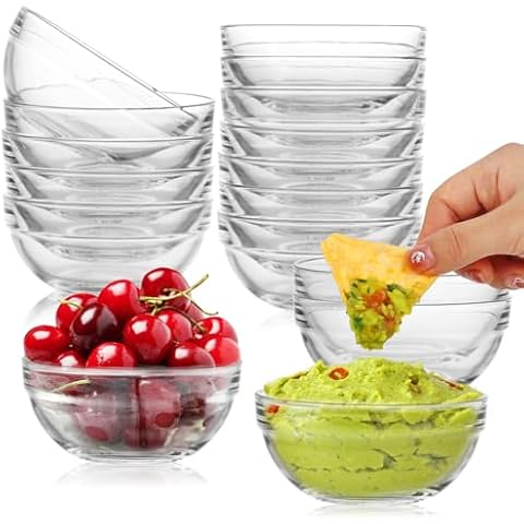 Jaisie.W Small Glass Bowls 4inch 16Pack,Clear Mini Glass Bowls/Dip Bowls for Dessert Snack Spice Sauce,Glass Prep Bowls for Ingredient Prep, Dips and Desserts(Set of 16) Cover