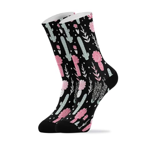 CZXW 1 Pair Cute Cactus Floral Black Crew Socks Breathable Compression Athletic Socks for Women Men Sport Running Cycling