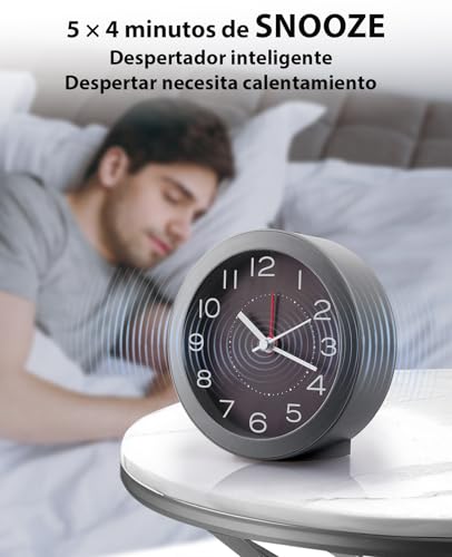 Miniatura 6 de Voniobuy Despertador Analógico Silencioso Sin Tic-Tac, Reloj Despertador Con Pilas Incluidas, Función Snooze 5x4min Y Luz Nocturna, Diseño Mini Para Dormitorio, Viaje Y Personas Mayores