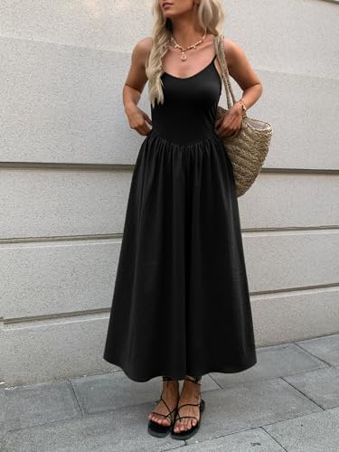 Image of Mieazom Women's Sleeveless V-Neck Maxi Dress with Pockets - Slim Fit Casual Summer Spaghetti Strap Dress for Vacation