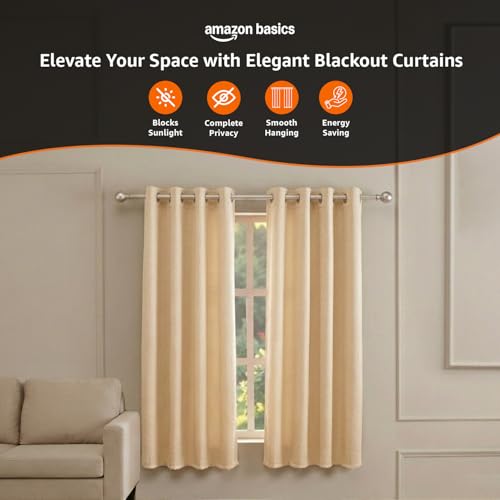 Image of Amazon Basics - Room Darkening Blackout Door Curtains, 100% Room Darkening | 5 Feet |Set of 2| Embossed | Self Deisgn |for Living Room and Bedroom | 115cmx 150cm, Color- Cream