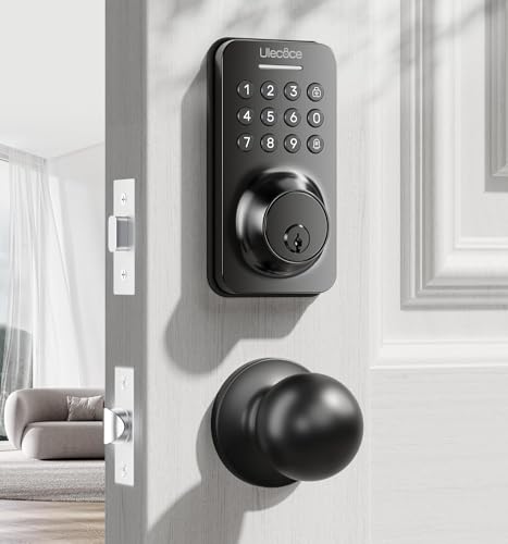 Ulecoce Keyless Entry Door Lock with Knob Set, Door Locks for Front Door with Handle Set, Auto Lock, One-Touch Lock, 100 Codes ＆ 3 Keys, Anti-Peeping Password, Easy Installation, Black