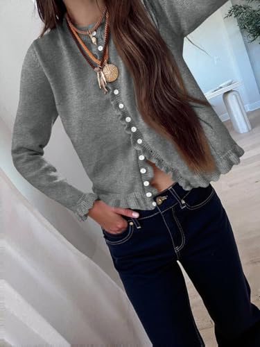 Image of Saodimallsu Womens Ruffle Cardigan Sweaters Button Up Crew Neck Long Sleeve Cropped Sweater Cute Soft Knit Tops