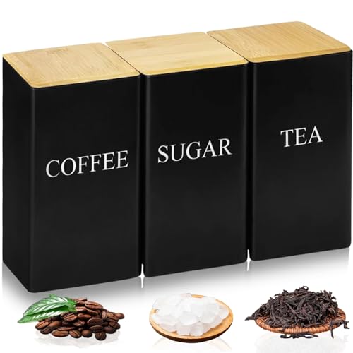 Exquilnova Juego de 3 botes de té, café y azúcar, 3 piezas de 1000 ml de té negro, café y azúcar, con tapa, azucarera para almacenamiento de cocina, fácil de abrir