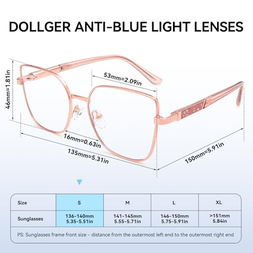 Image of Dollger Pink Oversized Square Blue Light Blocking Glasses for Women Trendy Oversized Computer Gaming Eyeglasses Cat Eye Metal Frame bluelight glasses Rose Gold