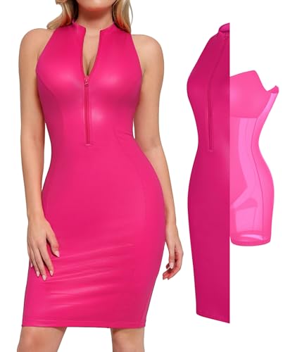 Popilush Faux Leather Dress for Women - Midi V Neck Dresses Shapewear Body con Dress Women - Date Night Outfit Pink