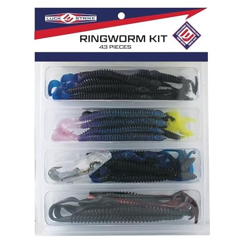 Luck E Strike Soft Plastic Ringworm Kit (43 Pieces) Includes 2/0 Worm Hooks, Worm Weights, and 4”, 5.5”, & 7.5” Ringer Worm Lures for Bass, Pike, Walleye, and Freshwater Fish Cover