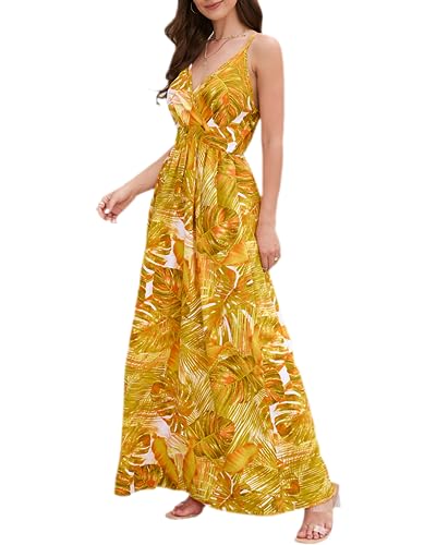 Womens Sexy Spaghetti Strap Deep V Neck Flowy Maxi Boho Dress High Waisted Flared Long Floral Beach Sun Dress