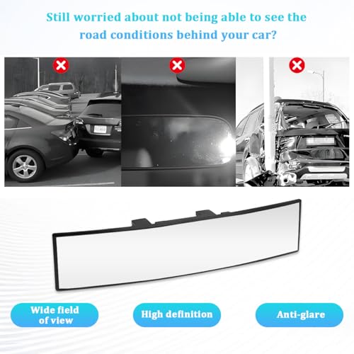 ANFTDCO Car Rear View Mirror, 12 Inch HD Panoramic Convex Wide Angle Vehicle Clip-On Rearview Mirror, Automotive Interior Accessories to Eliminates Blind Spots, Universal Fit