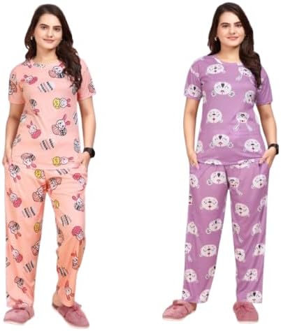SALIMAR Enterprise Women's Printed Co-Ords Set 2 Pcs Night Suit and Night Dress T-Shirt Pyjama Pack of 2 Multicolor Design No Pink Rabbit White Bunny M