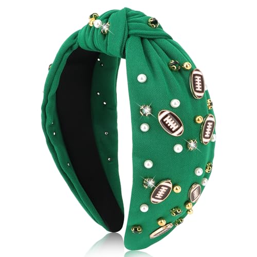 BAHABY Football Headbands for Women Crystal Football Embellished Wide Top Knot Headband for Women Game Day Hair Accessories (Green)