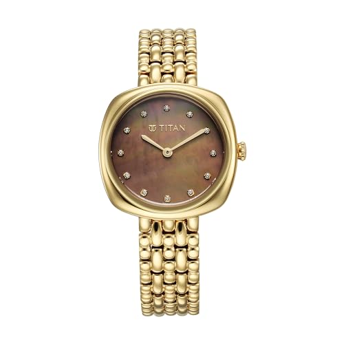 Image of Titan Aura Phase Quartz Analog Brown Dial Golden Stainless Steel Strap Watch for Women-95241YM01