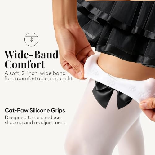 Image of Women's White Thigh-High Stockings with Satin Bows, Stay-Up Socks